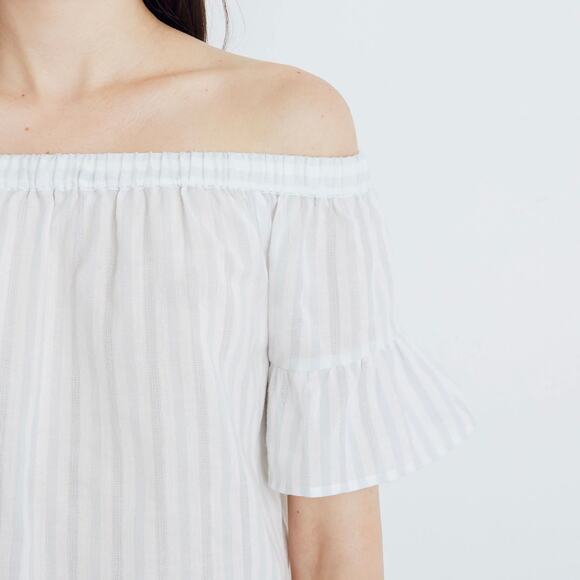 Madewell Striped Off-the-Shoulder Ruffle-Sleeve Top Sea Glass size Small - Picture 6 of 11